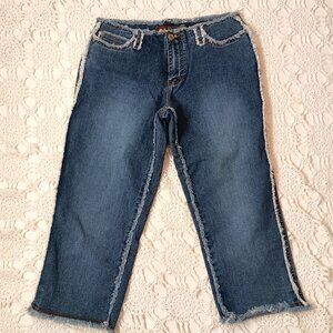 Vtg 90s Y2K Jeans Low Rise Fray Tattered Hem Medium Wash Blue Stretch 10 Women